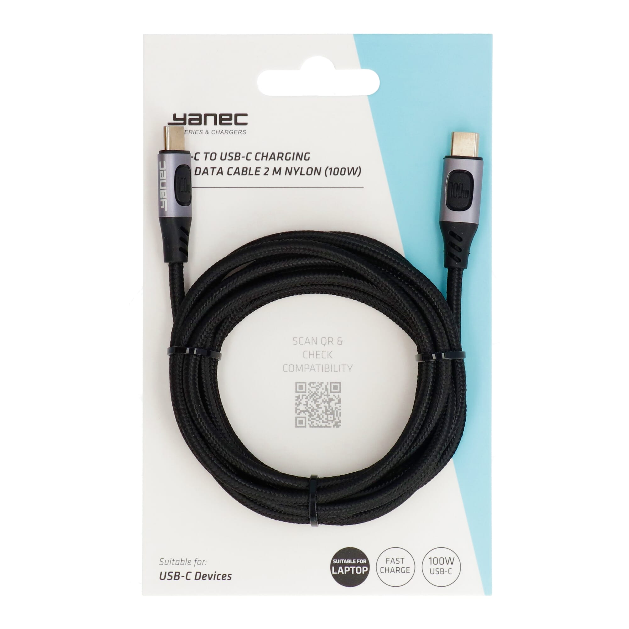Yanec usb-c naar usb-c laad- en datakabel 2m nylon (100w)