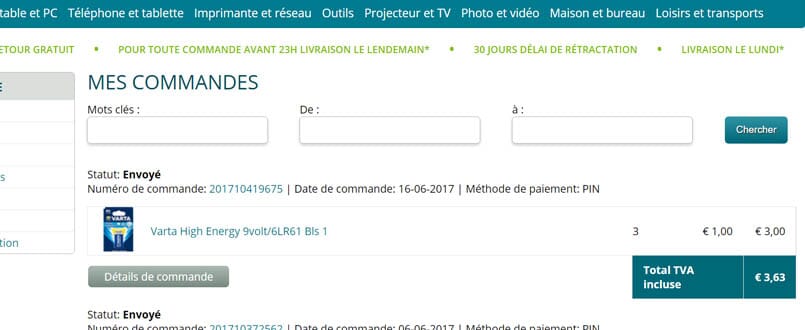 Détails de commande de retour