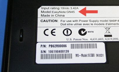 Packard-Bell Modelnummers op label onderzijde